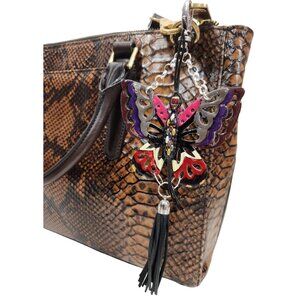 Multicolo Handpainted Wooden Butterfly Purse Leather Tassel Stone Beaded Leather